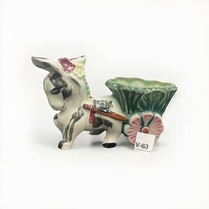 Vintage Ceramic Colorful Donkey Pulling Cart Planter Made In Japan